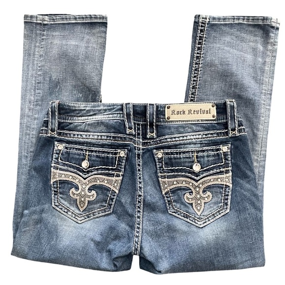 Rock Revival Mid Rise Curvy Capri Jean Audrina Wash Embroidery Rhinestones Sz 28 - Picture 6 of 16